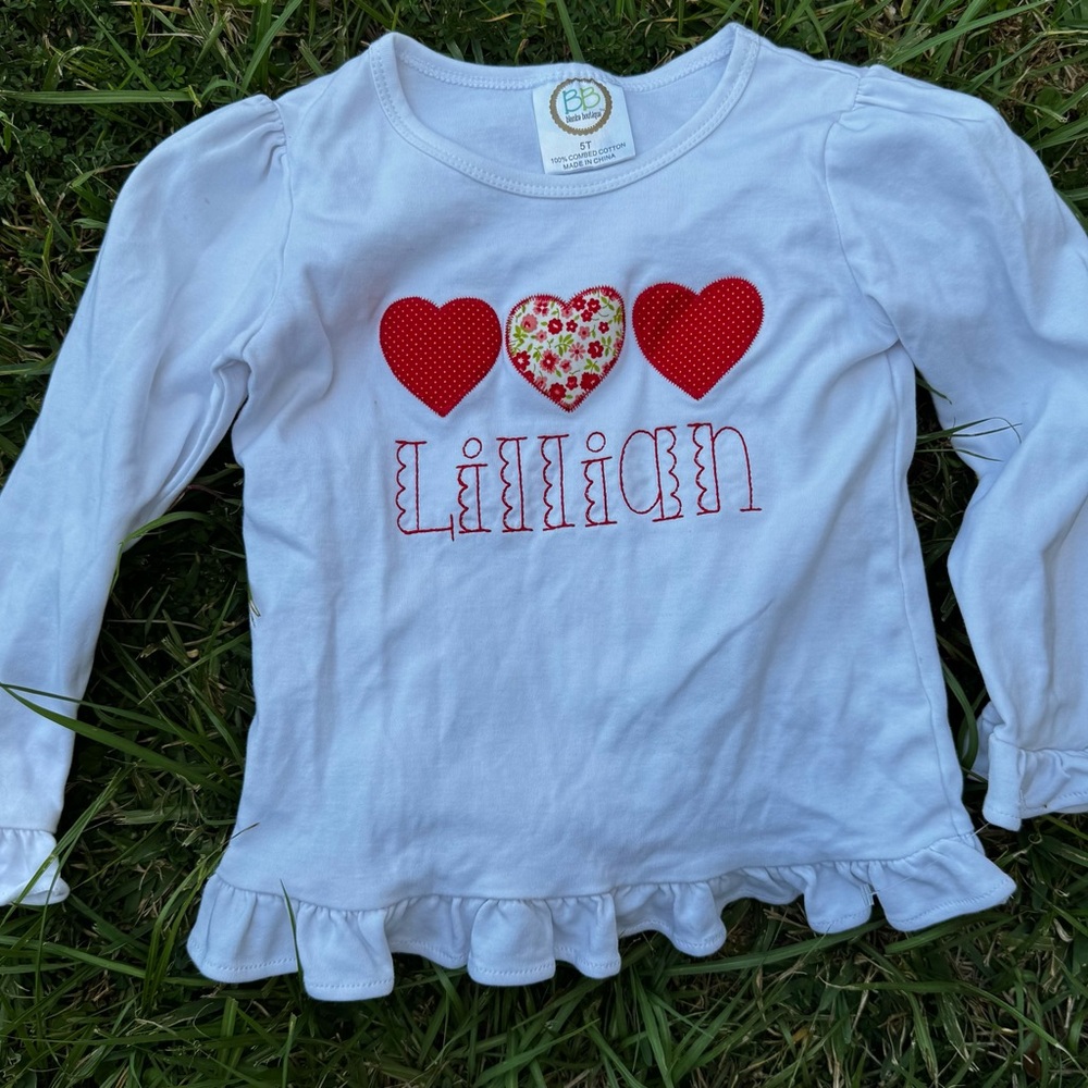 Monogrammed Lillian 5t White Kids Shirt with Red Heart Design